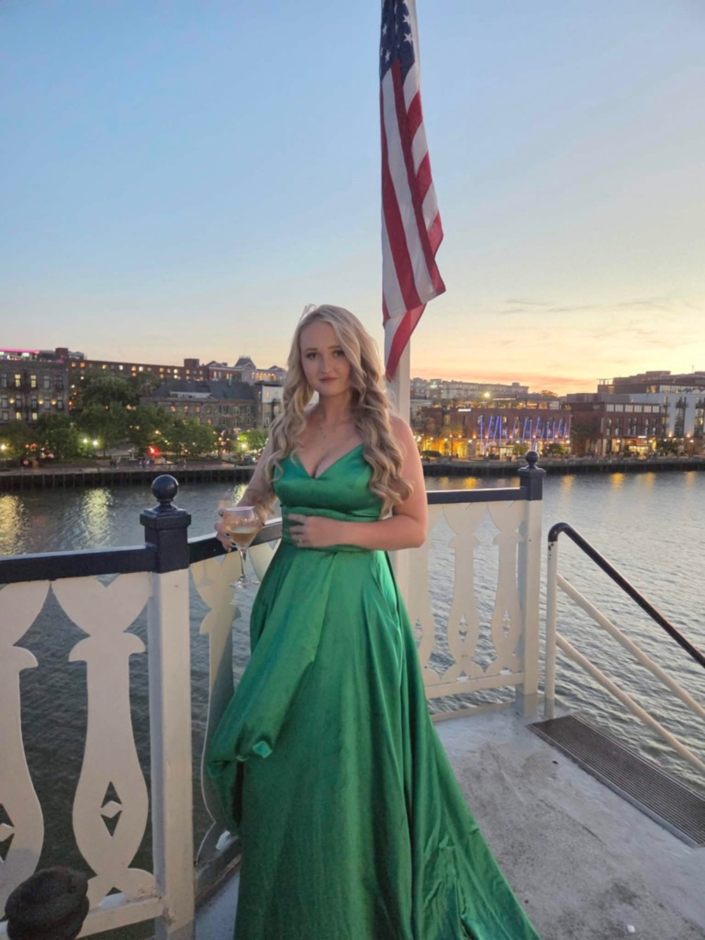 Sherri Hill Emerald Green Satin V-Neck Maxi Gown with High Slit